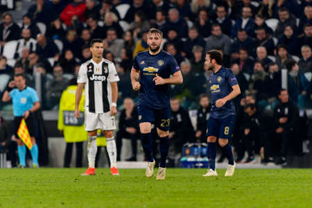 Turin - Nov 7, 2018: Luke Shaw 23. Juventus - Manchester United. UEFA Champions League. Matchday 4. Allianz stadium.のeditorial素材
