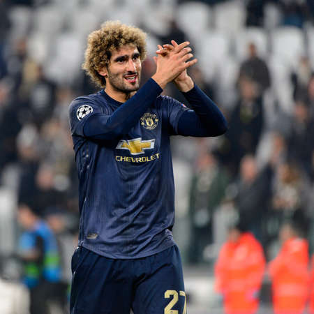 Turin - Nov 7, 2018: Marouane Fellaini 27 celebrates the goal. Juventus - Manchester United. UEFA Champions League. Matchday 4. Allianz stadium.のeditorial素材