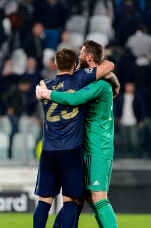 Turin - Nov 7, 2018: David De Gea 1 celebrates the goal. Juventus - Manchester United. UEFA Champions League. Matchday 4. Allianz stadium.のeditorial素材