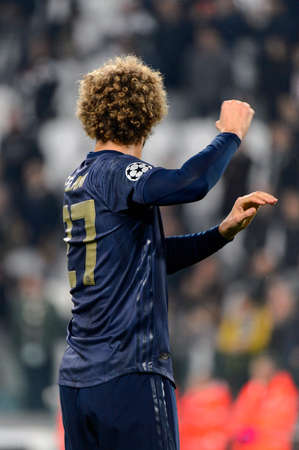 Turin - Nov 7, 2018: Marouane Fellaini 27 celebrates the goal. Juventus - Manchester United. UEFA Champions League. Matchday 4. Allianz stadium.のeditorial素材