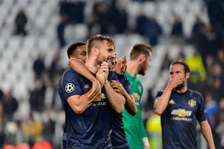Turin - Nov 7, 2018: Luke Shaw 23 celebrates the victory. Juventus - Manchester United. UEFA...