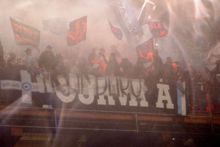 GENOVA - NOV 10, 2018: Passionate fans of Napoli. C.F.C Genoa - SSC Napoli. Calcio Serie A TIM. Stadium Luigi Ferraris.のeditorial素材
