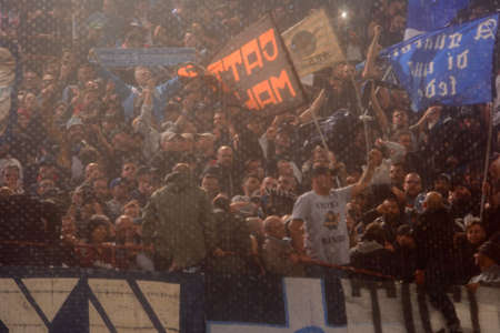 GENOVA - NOV 10, 2018: Passionate fans of Napoli. C.F.C Genoa - SSC Napoli. Calcio Serie A TIM. Stadium Luigi Ferraris.のeditorial素材