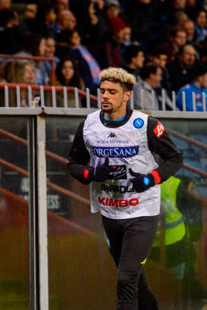 GENOVA - NOV 10, 2018: Kevin Malcuit 2 warms up.  C.F.C Genoa - SSC Napoli. Calcio Serie A TIM. Stadium Luigi Ferraris.のeditorial素材