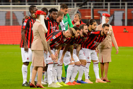 MILAN - NOV 11, 2018: Milan team photo before the match. AC Milan - Juventus. Italian Serie A TIM. Giuseppe Meazza Stadiumのeditorial素材