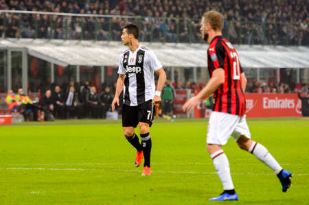 MILAN - NOV 11, 2018: Cristiano Ronaldo 7. AC Milan - Juventus. Italian Serie A TIM. Giuseppe Meazza Stadiumのeditorial素材