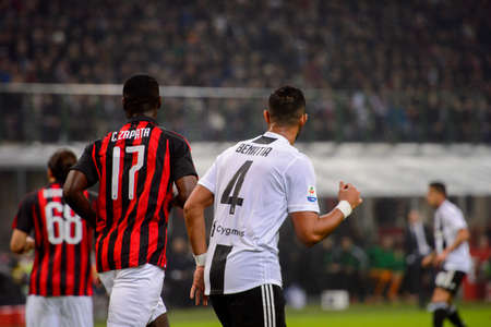MILAN - NOV 11, 2018: Medhi Benatia 4. AC Milan - Juventus. Italian Serie A TIM. Giuseppe Meazza Stadiumのeditorial素材