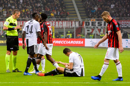 MILAN - NOV 11, 2018: Cristiano Ronaldo 7 on the grass. AC Milan - Juventus. Italian Serie A TIM. Giuseppe Meazza Stadiumのeditorial素材