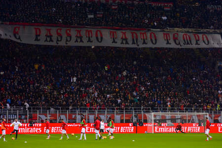 MILAN - NOV 11, 2018: Performance of the Milan fans. AC Milan - Juventus. Italian Serie A TIM. Giuseppe Meazza Stadiumのeditorial素材