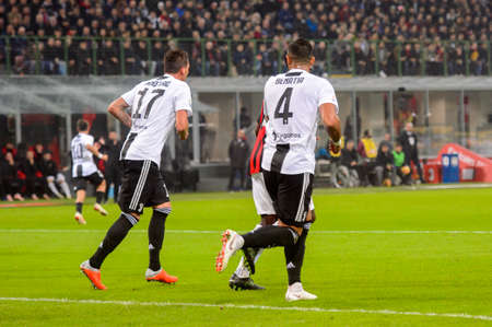 MILAN - NOV 11, 2018: Mario Mandzukic 17. AC Milan - Juventus. Italian Serie A TIM. Giuseppe Meazza Stadiumのeditorial素材