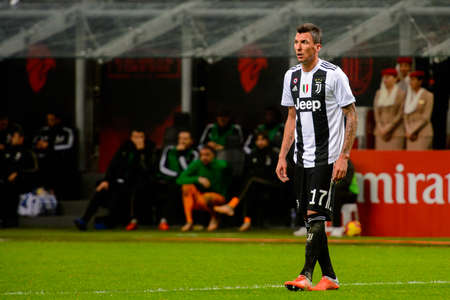 MILAN - NOV 11, 2018: Mario Mandzukic 17. AC Milan - Juventus. Italian Serie A TIM. Giuseppe Meazza Stadiumのeditorial素材