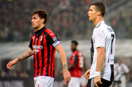 MILAN - NOV 11, 2018: Cristiano Ronaldo 7 close up portrait. AC Milan - Juventus. Italian Serie A TIM. Giuseppe Meazza Stadiumのeditorial素材