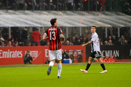 MILAN - NOV 11, 2018: Alessio Romagnoli 13. AC Milan - Juventus. Italian Serie A TIM. Giuseppe Meazza Stadiumのeditorial素材