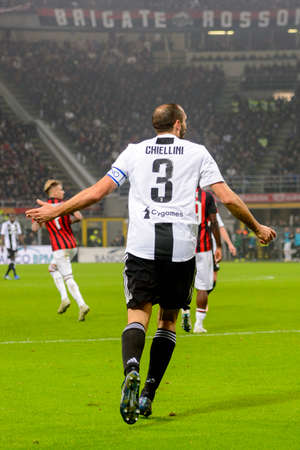 MILAN - NOV 11, 2018: Giorgio Chiellini 3. AC Milan - Juventus. Italian Serie A TIM. Giuseppe Meazza Stadiumのeditorial素材