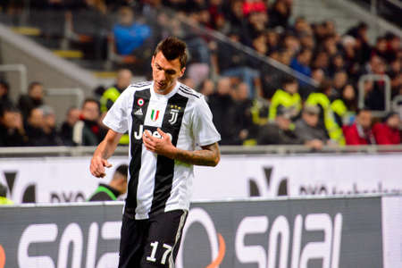 MILAN - NOV 11, 2018: Mario Mandzukic 17. AC Milan - Juventus. Italian Serie A TIM. Giuseppe Meazza Stadiumのeditorial素材