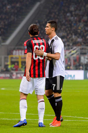 MILAN - NOV 11, 2018: Cristiano Ronaldo 7. AC Milan - Juventus. Italian Serie A TIM. Giuseppe Meazza Stadiumのeditorial素材