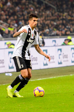 MILAN - NOV 11, 2018: Joao Cancelo 20 attacks with a ball. AC Milan - Juventus. Italian Serie A TIM. Giuseppe Meazza Stadiumのeditorial素材