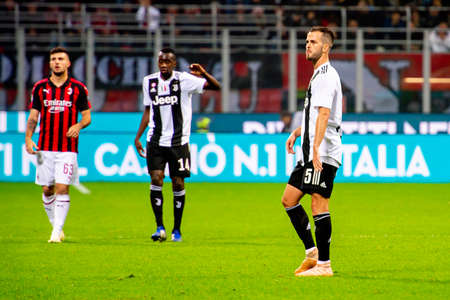 MILAN - NOV 11, 2018: Miralem Pjanic 5. AC Milan - Juventus. Italian Serie A TIM. Giuseppe Meazza Stadiumのeditorial素材