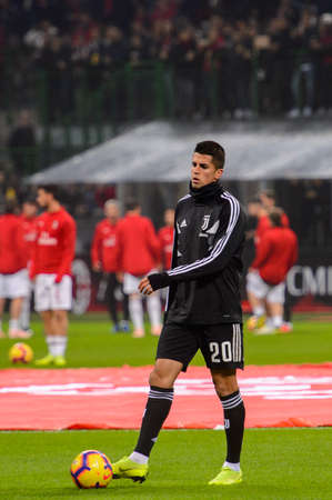 MILAN - NOV 11, 2018: Joao Cancelo 20 warms up. AC Milan - Juventus. Italian Serie A TIM. Giuseppe Meazza Stadiumのeditorial素材