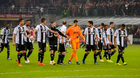 MILAN - NOV 11, 2018: Juventus team celebrates after the match. AC Milan - Juventus. Italian Serie A TIM. Giuseppe Meazza Stadiumのeditorial素材
