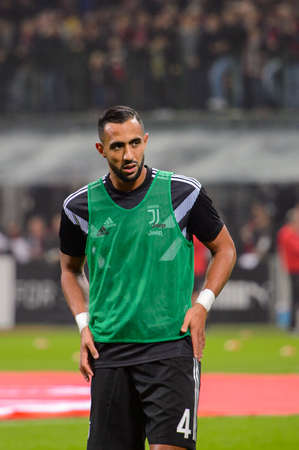 MILAN - NOV 11, 2018: Medhi Benatia 4. AC Milan - Juventus. Italian Serie A TIM. Giuseppe Meazza Stadiumのeditorial素材