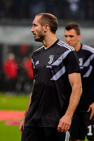 MILAN - NOV 11, 2018: Giorgio Chiellini 3 warms up. AC Milan - Juventus. Italian Serie A TIM. Giuseppe Meazza Stadiumのeditorial素材