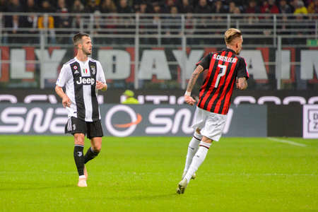 MILAN - NOV 11, 2018: Miralem Pjanic 5. AC Milan - Juventus. Italian Serie A TIM. Giuseppe Meazza Stadiumのeditorial素材