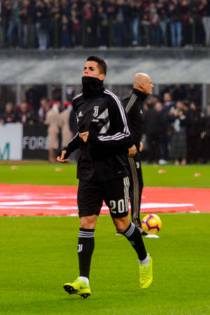 MILAN - NOV 11, 2018: Joao Cancelo 20 warms up. AC Milan - Juventus. Italian Serie A TIM. Giuseppe Meazza Stadiumのeditorial素材