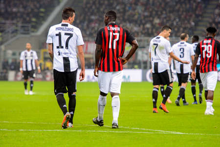 MILAN - NOV 11, 2018: Mandzukic and Zapata. AC Milan - Juventus. Italian Serie A TIM. Giuseppe Meazza Stadiumのeditorial素材