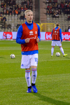 BRUSSELS - NOV 15, 2018: Hordur Magnusson 18 warms up. Belgium - Iceland. UEFA Nations League.のeditorial素材