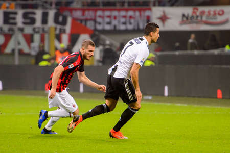 MILAN - NOV 11, 2018: Cristiano Ronaldo 7. AC Milan - Juventus. Italian Serie A TIM. Giuseppe Meazza Stadiumのeditorial素材