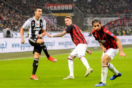 MILAN - NOV 11, 2018: Cristiano Ronaldo 7. AC Milan - Juventus. Italian Serie A TIM. Giuseppe Meazza Stadiumのeditorial素材