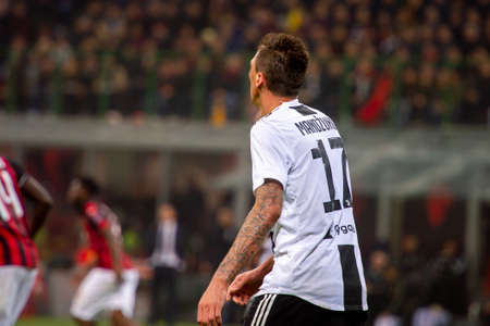 MILAN - NOV 11, 2018: Mario Mandzukic 17. AC Milan - Juventus. Italian Serie A TIM. Giuseppe Meazza Stadiumのeditorial素材