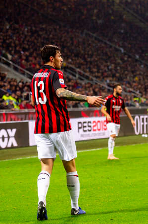 MILAN - NOV 11, 2018: Alessio Romagnoli 13. AC Milan - Juventus. Italian Serie A TIM. Giuseppe Meazza Stadiumのeditorial素材
