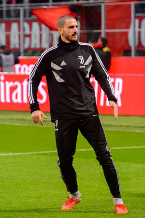 MILAN - NOV 11, 2018: Leonardo Bonucci 19 warms up. AC Milan - Juventus. Italian Serie A TIM. Giuseppe Meazza Stadiumのeditorial素材