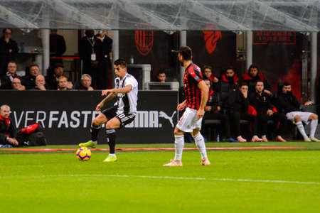 MILAN - NOV 11, 2018: Joao Cancelo 20 runs. AC Milan - Juventus. Italian Serie A TIM. Giuseppe Meazza Stadiumのeditorial素材