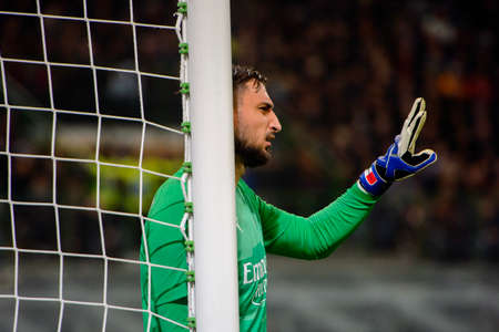 MILAN - NOV 11, 2018: Gianluigi Donnarumma 99. AC Milan - Juventus. Italian Serie A TIM. Giuseppe Meazza Stadiumのeditorial素材