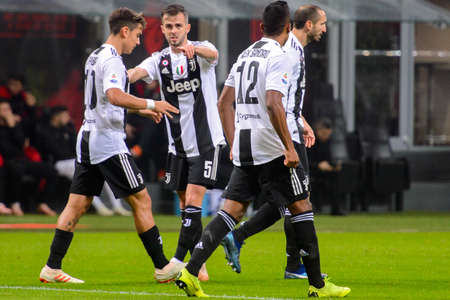 MILAN - NOV 11, 2018: Miralem Pjanic 5. AC Milan - Juventus. Italian Serie A TIM. Giuseppe Meazza Stadiumのeditorial素材