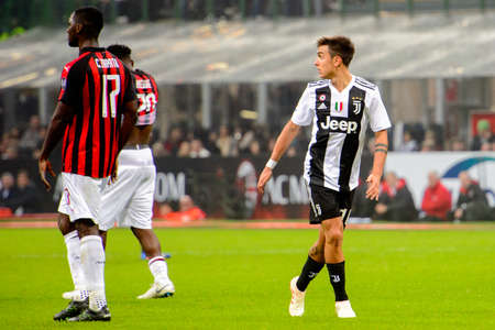 MILAN - NOV 11, 2018: Paulo Dybala 10. AC Milan - Juventus. Italian Serie A TIM. Giuseppe Meazza Stadiumのeditorial素材