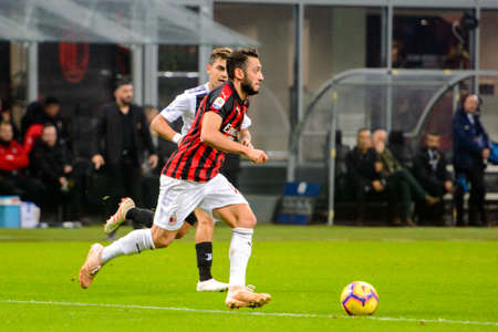 MILAN - NOV 11, 2018: Hakan Calhanoglu 10. AC Milan - Juventus. Italian Serie A TIM. Giuseppe Meazza Stadiumのeditorial素材