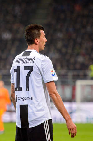 MILAN - NOV 11, 2018: Mario Mandzukic 17. AC Milan - Juventus. Italian Serie A TIM. Giuseppe Meazza Stadiumのeditorial素材