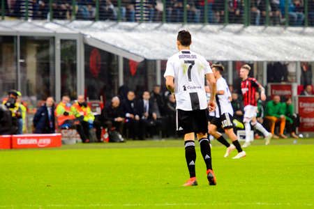 MILAN - NOV 11, 2018: Cristiano Ronaldo 7. AC Milan - Juventus. Italian Serie A TIM. Giuseppe Meazza Stadiumのeditorial素材