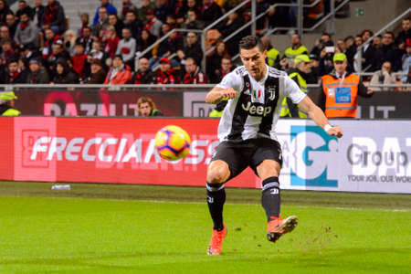 MILAN - NOV 11, 2018: Cristiano Ronaldo 7 does the cross. AC Milan - Juventus. Italian Serie A TIM. Giuseppe Meazza Stadiumのeditorial素材