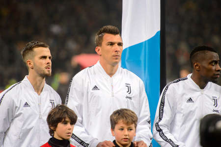 MILAN - NOV 11, 2018: Mario Mandzukic 17 close up portrait. AC Milan - Juventus. Italian Serie A TIM. Giuseppe Meazza Stadiumのeditorial素材