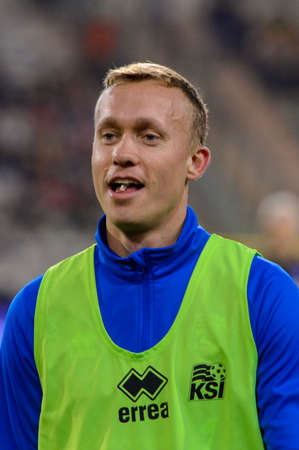 BRUSSELS - NOV 15, 2018: Iceland player warms up.  Belgium - Iceland. UEFA Nations League.のeditorial素材