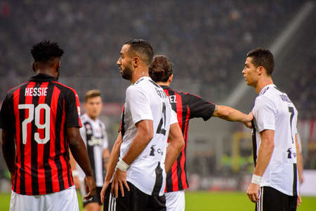 MILAN - NOV 11, 2018: Medhi Benatia 4. AC Milan - Juventus. Italian Serie A TIM. Giuseppe Meazza Stadiumのeditorial素材