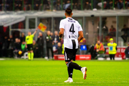 MILAN - NOV 11, 2018: Medhi Benatia 4. AC Milan - Juventus. Italian Serie A TIM. Giuseppe Meazza Stadiumのeditorial素材