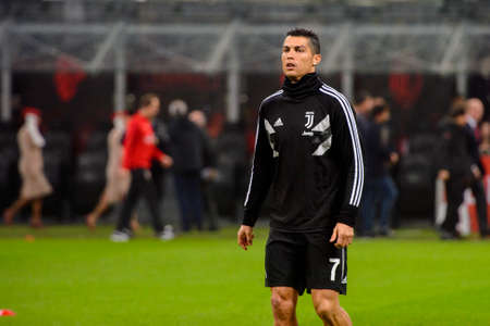 MILAN - NOV 11, 2018: Cristiano Ronaldo 7 warms up. AC Milan - Juventus. Italian Serie A TIM. Giuseppe Meazza Stadiumのeditorial素材