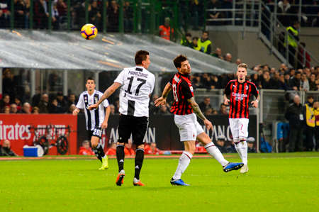 MILAN - NOV 11, 2018: Mario Mandzukic 17. AC Milan - Juventus. Italian Serie A TIM. Giuseppe Meazza Stadiumのeditorial素材