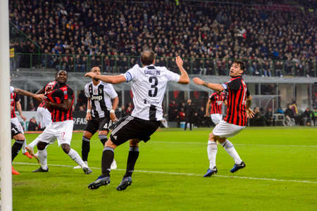 MILAN - NOV 11, 2018: Giorgio Chiellini 3 in action. AC Milan - Juventus. Italian Serie A TIM. Giuseppe Meazza Stadiumのeditorial素材